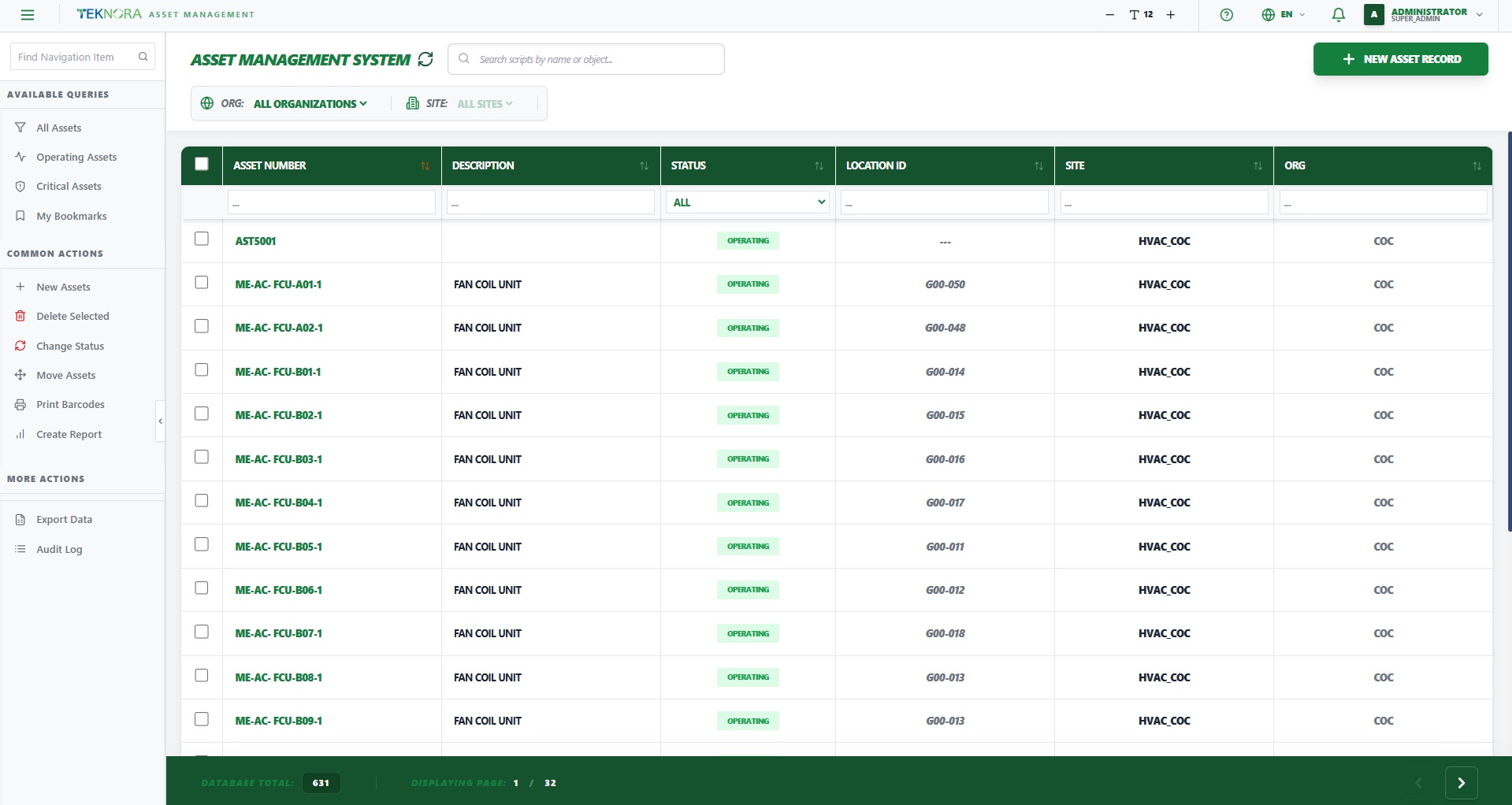 Asset Registry screen