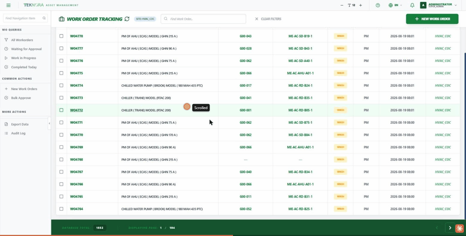 Work Order Tracking screen